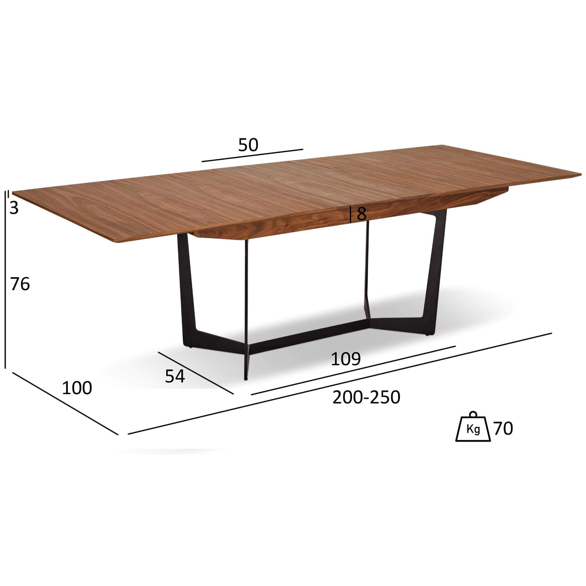 Tokyo Rechteckiger Esstisch 200x100 cm - Ausziehbar bis 250 cm - Walnuss Braun