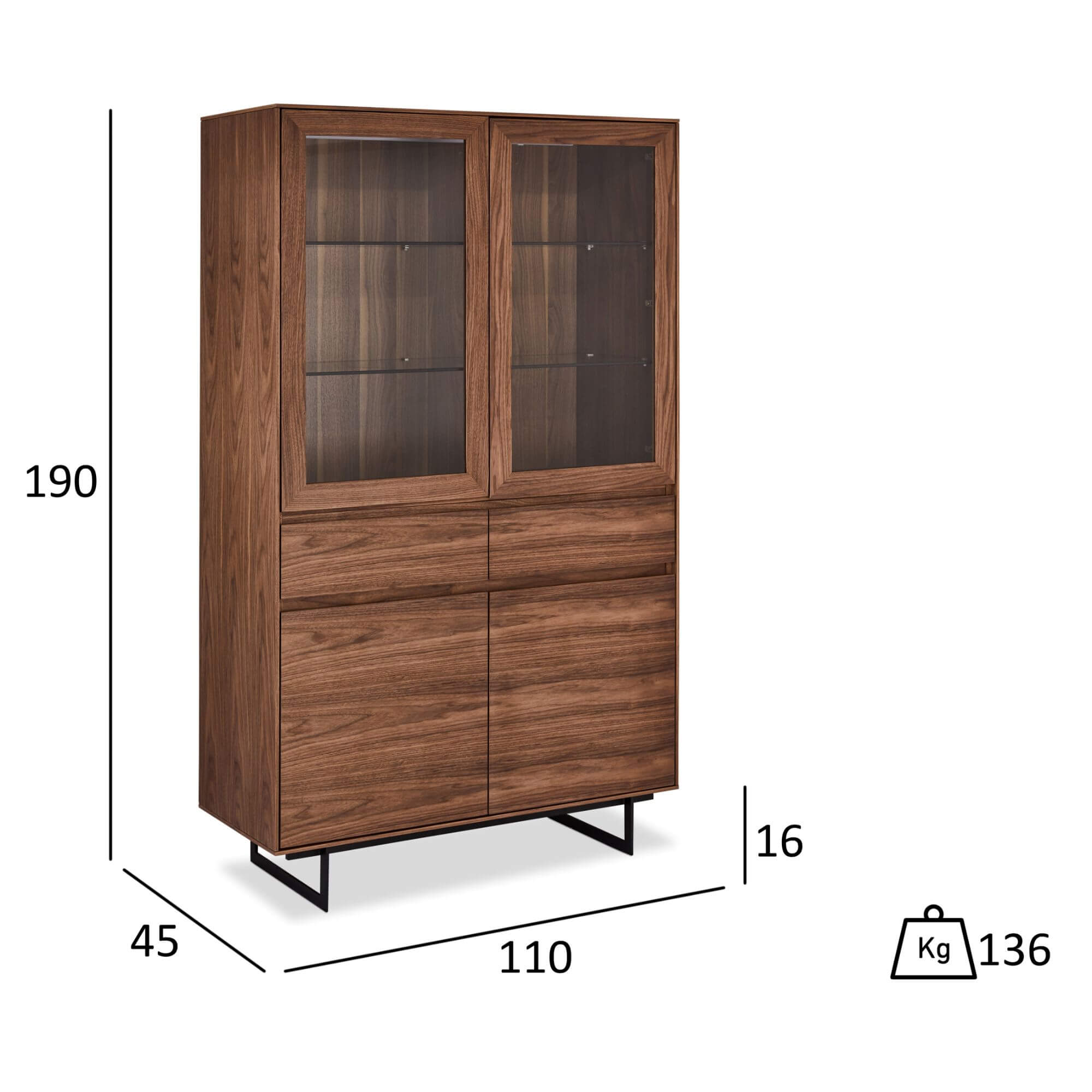 Tokyo Vitrine mit LED-Beleuchtung - 110 cm breit - Amerikanische Walnuss