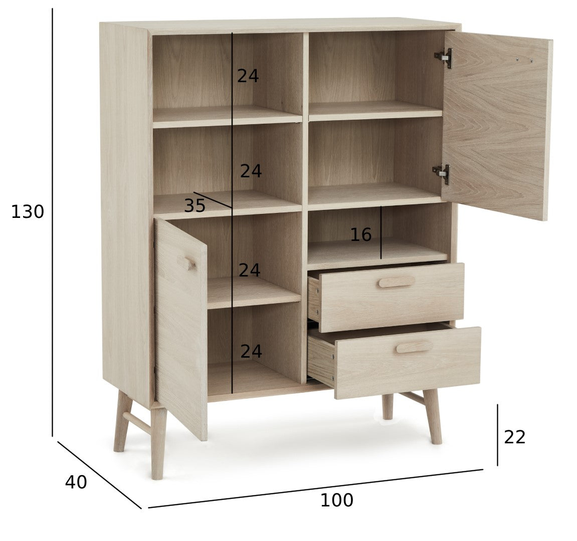 Porto Highboard mit 2 Türen - 100 cm breit - Eiche Weiß geöltes