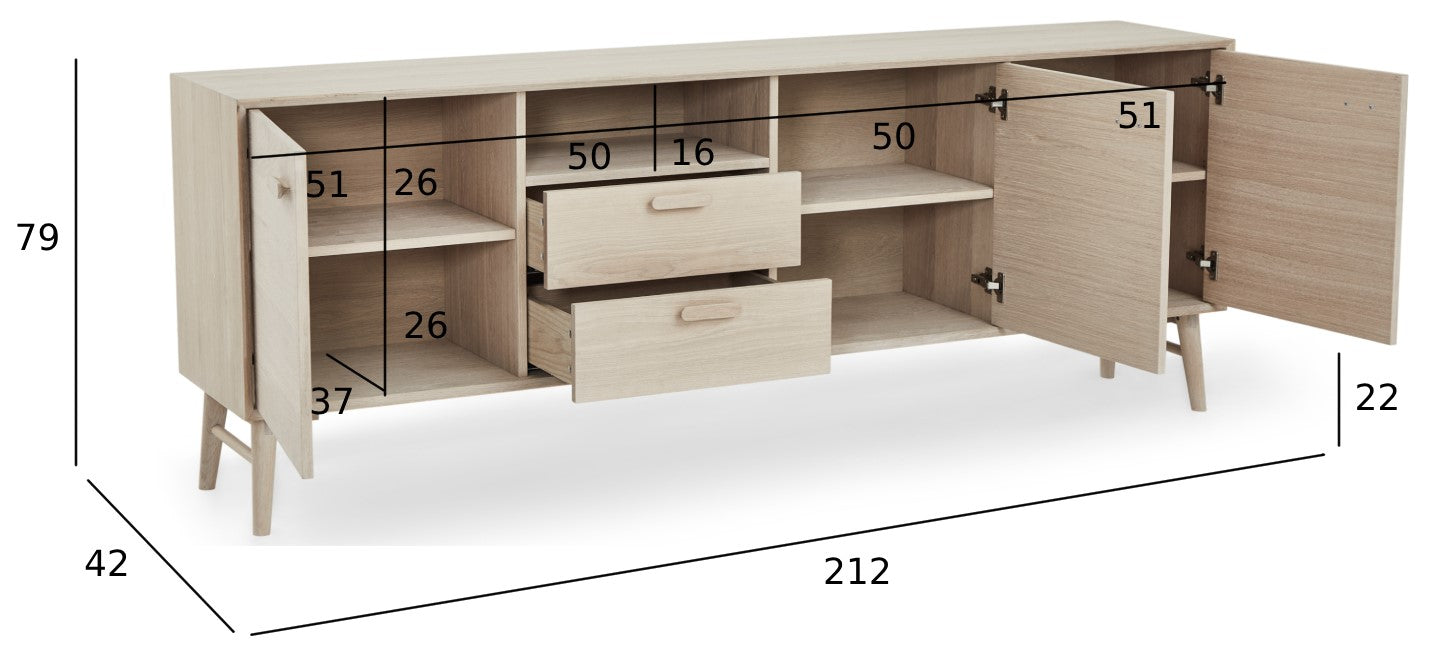 Porto Sideboard mit 3 Türen - 212 cm breit - Eiche Weiß geöltes