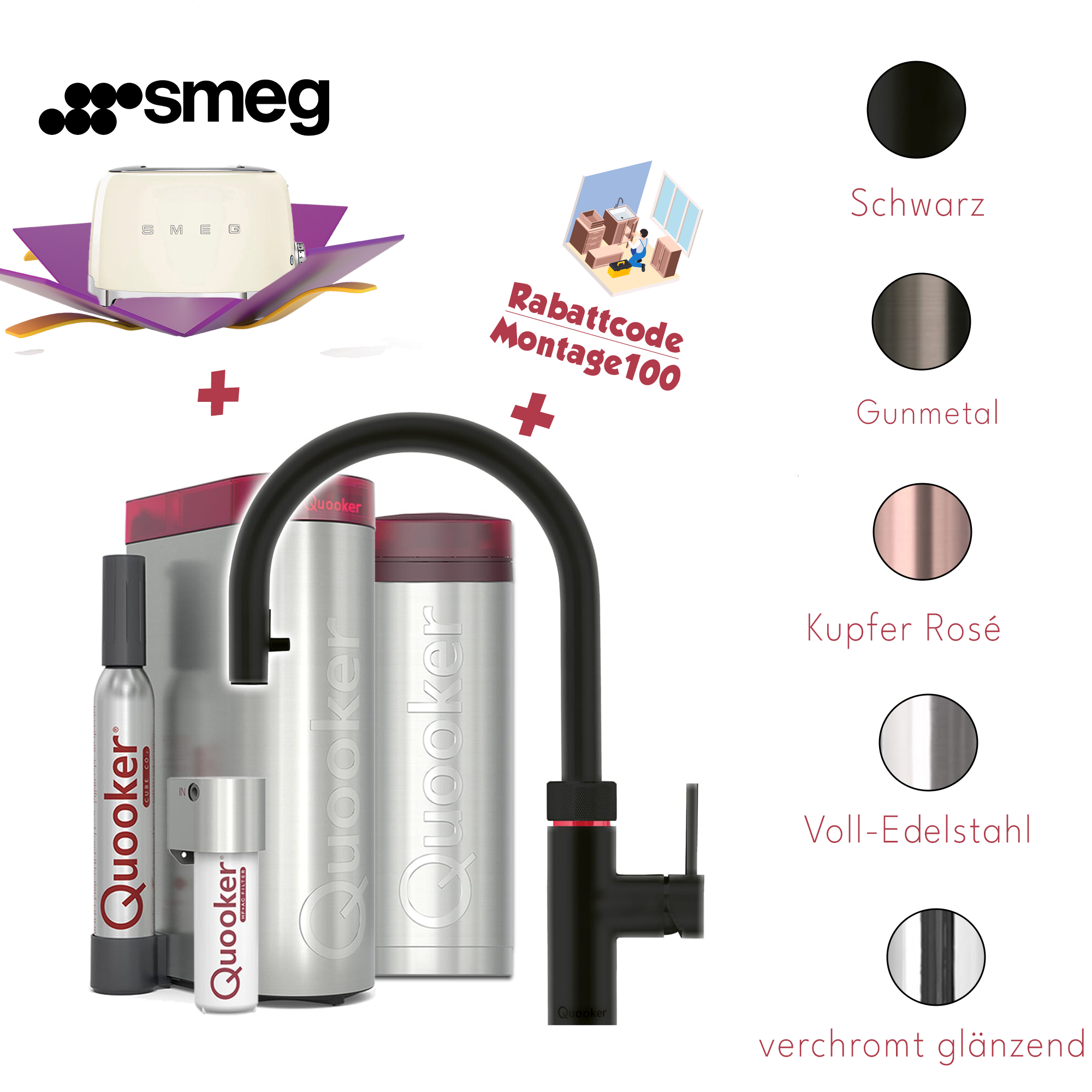 Quooker Küchenarmatur PRO3 & CUBE | Flex inkl. Cube-Filter (Smeg Toaster gratis! und 100€ Montageservice Rabattcode)