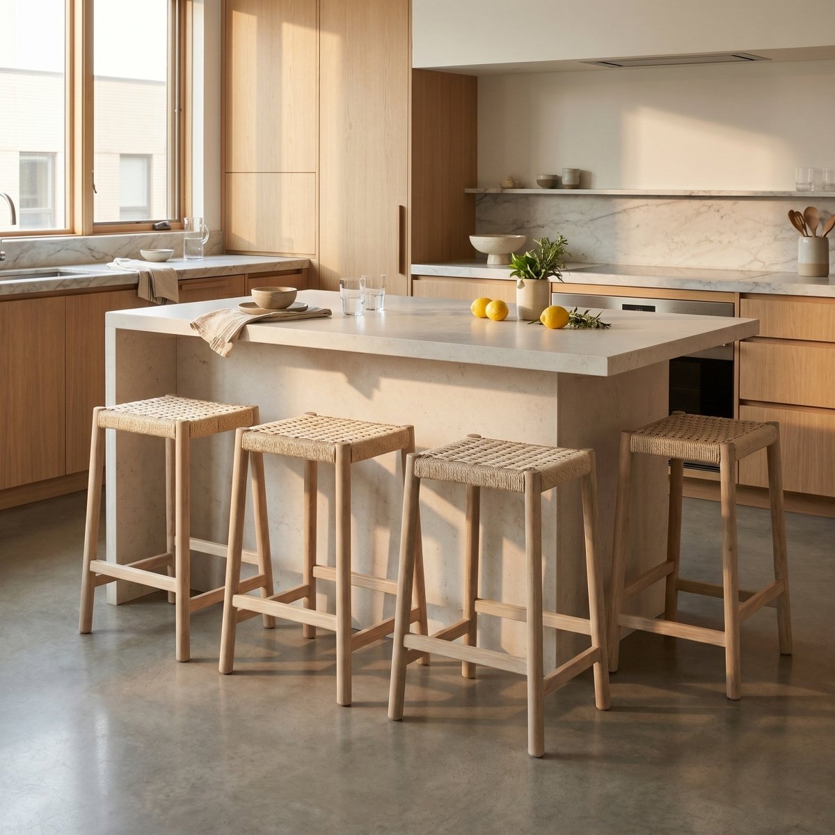 2er Set Barhocker Ida mit Geflechtsitz - Eiche bianco