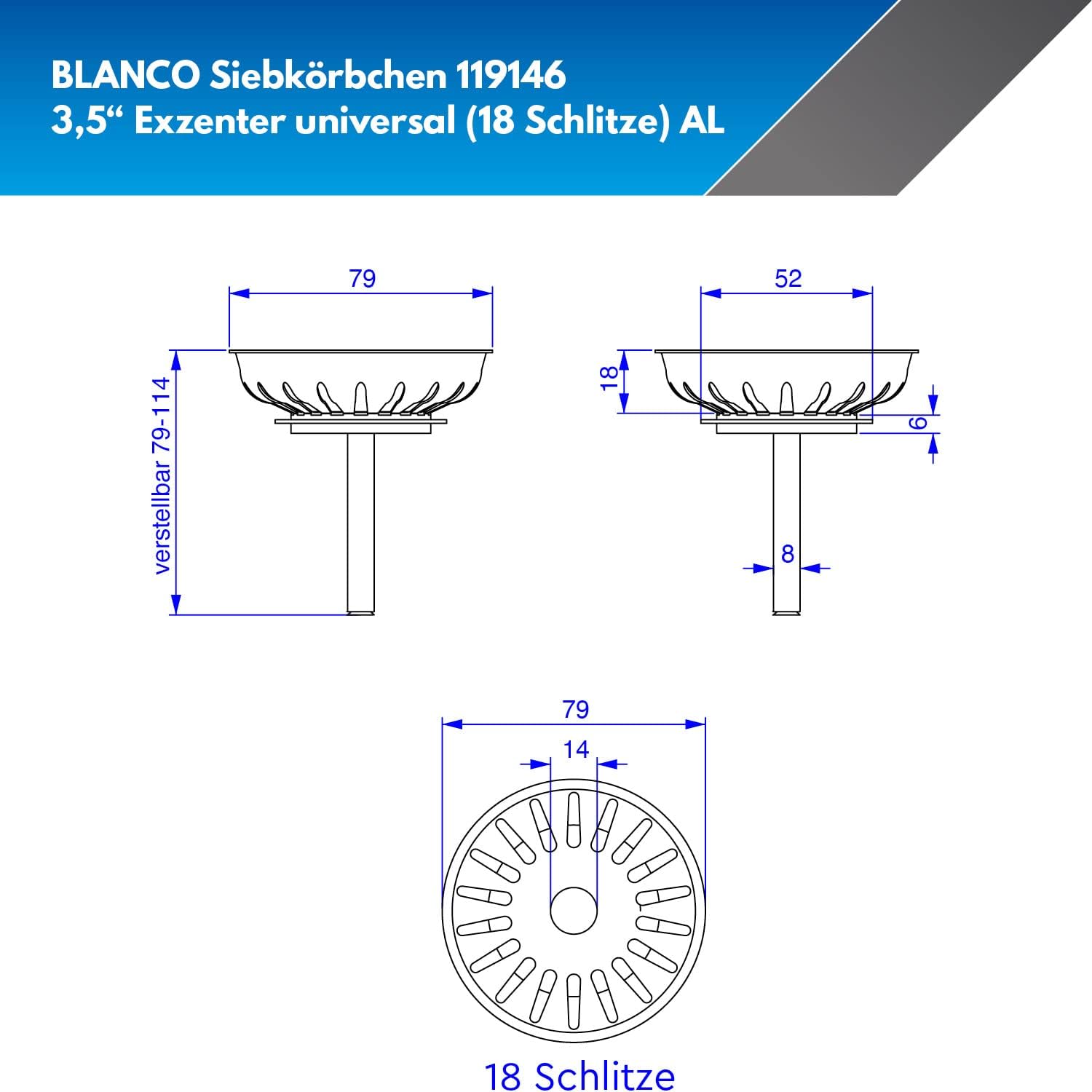 Blanco Siebkörbchen 119146 aus Edelstahl – 7,9 cm (3,5”) mit Zapfen für Exzenterbedienung – Original Ersatzteil mit 18 Ablaufschlitzen