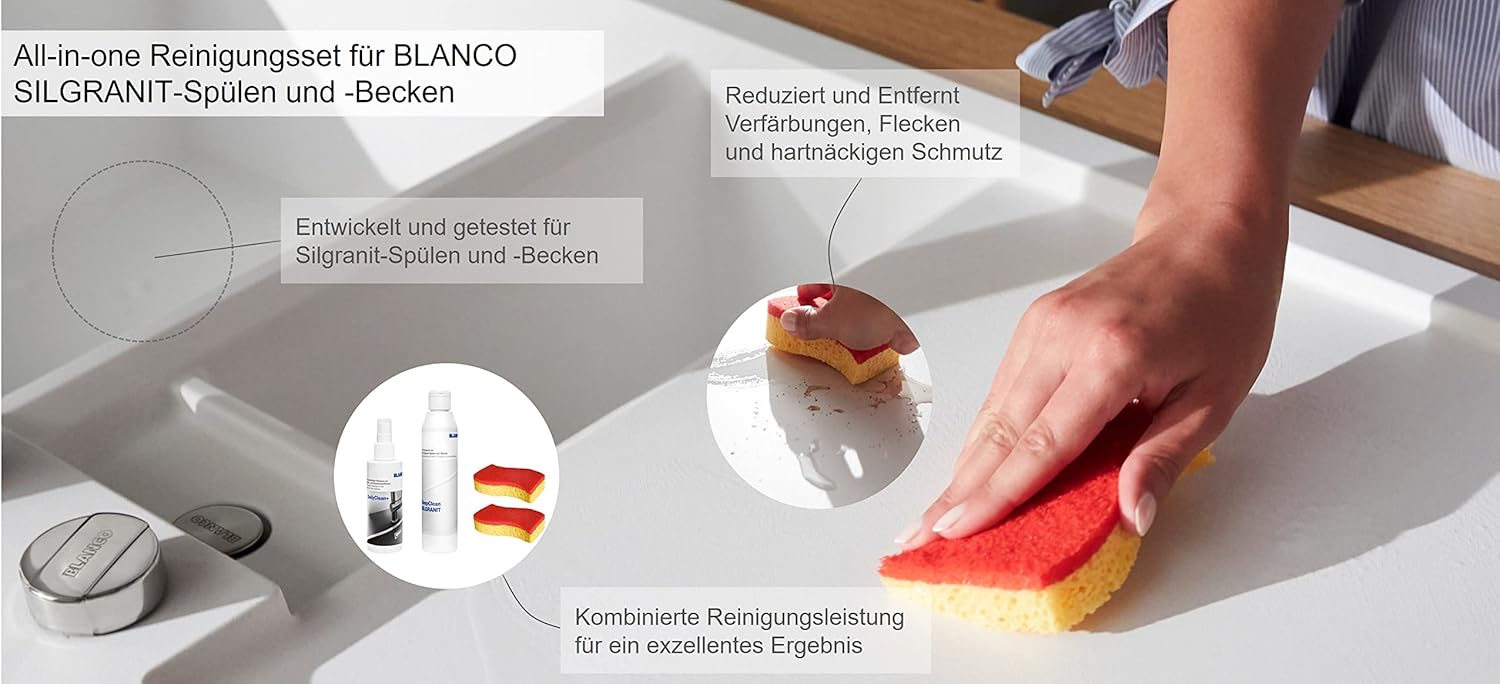 BLANCO DeepClean Silgranit Cleaning Set | Cleaning Agent & Care Product for Granite Sinks | All-in-One Cleaning Set (DailyClean + DeepClean Silgranit + Spontex Sponge) | Professional Cleaner