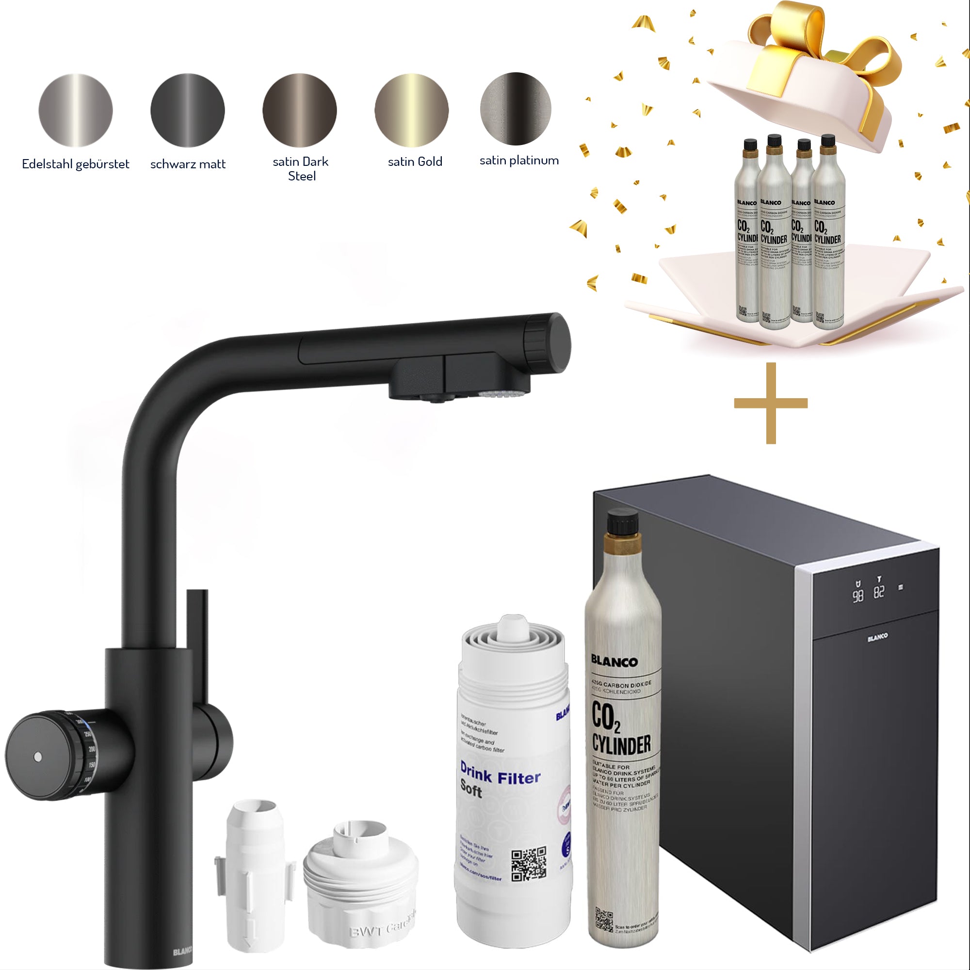 Blanco Set Trinkwasserarmatur | Choice Icona-L Kochendwasser-Küchenarmatur mit Filter- & Soda-Funktion