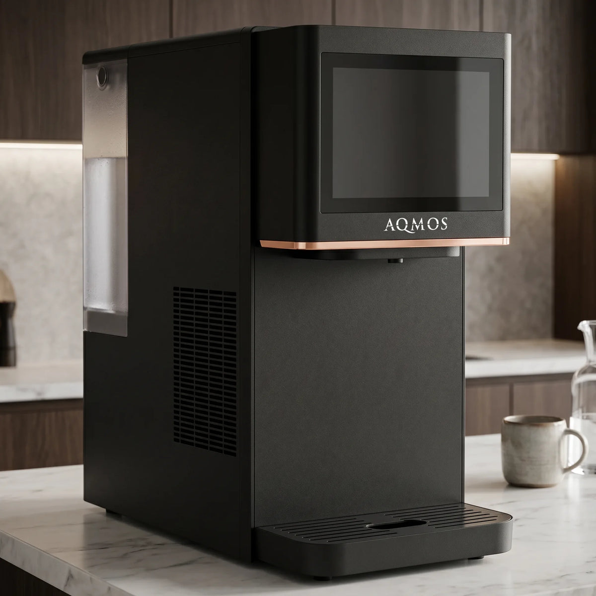 AQMOS Wasserspender DrinKing Pro – Auftischgerät Schwarz - stilles, gekühltes, heißes und sprudelndes Wasser auf Knopfdruck, mit Touchdisplay und App-Steuerung