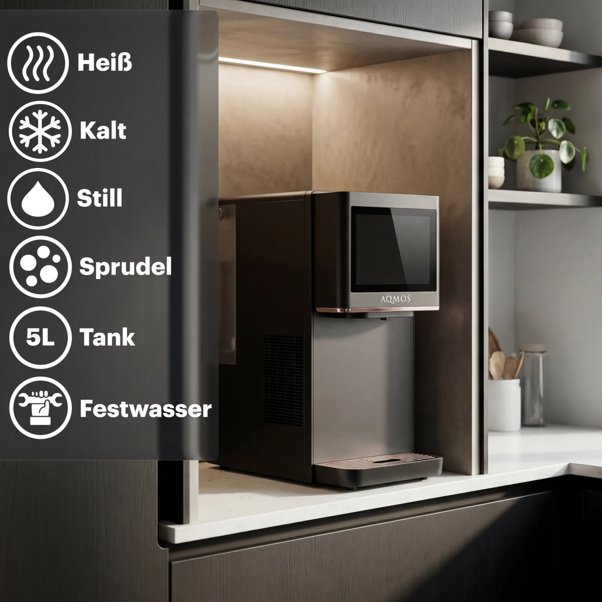 AQMOS Wasserspender DrinKing Pro – Auftischgerät Schwarz - stilles, gekühltes, heißes und sprudelndes Wasser auf Knopfdruck, mit Touchdisplay und App-Steuerung