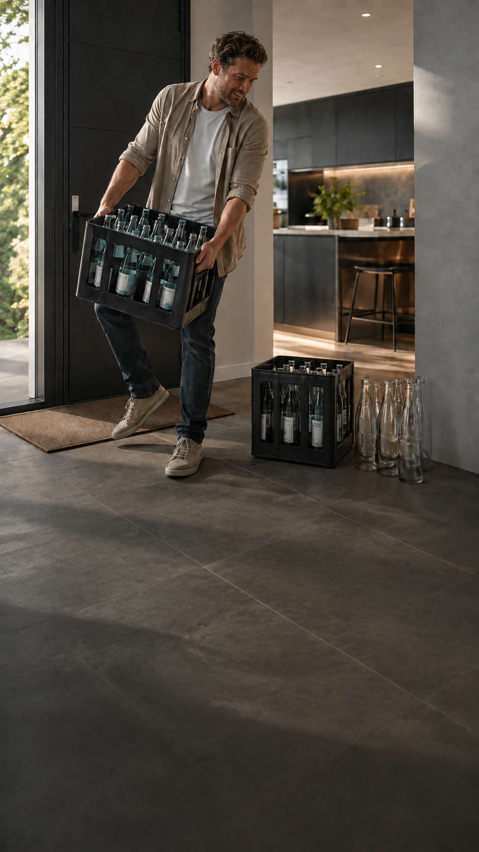 Mann trägt eine Wasserkiste in eine moderne Küche