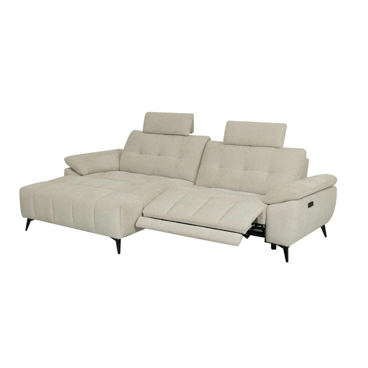 L-Form Ecksofa Links - mit Elektrische Relaxfunktion, USB - Stoffbezug Creme Beige