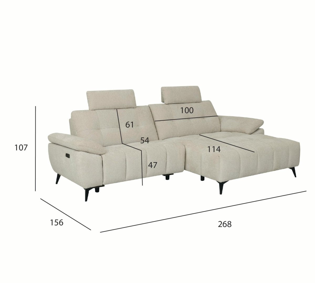 L-Form Ecksofa Rechts - mit Elektrische Relaxfunktion, USB - Stoffbezug Creme Beige