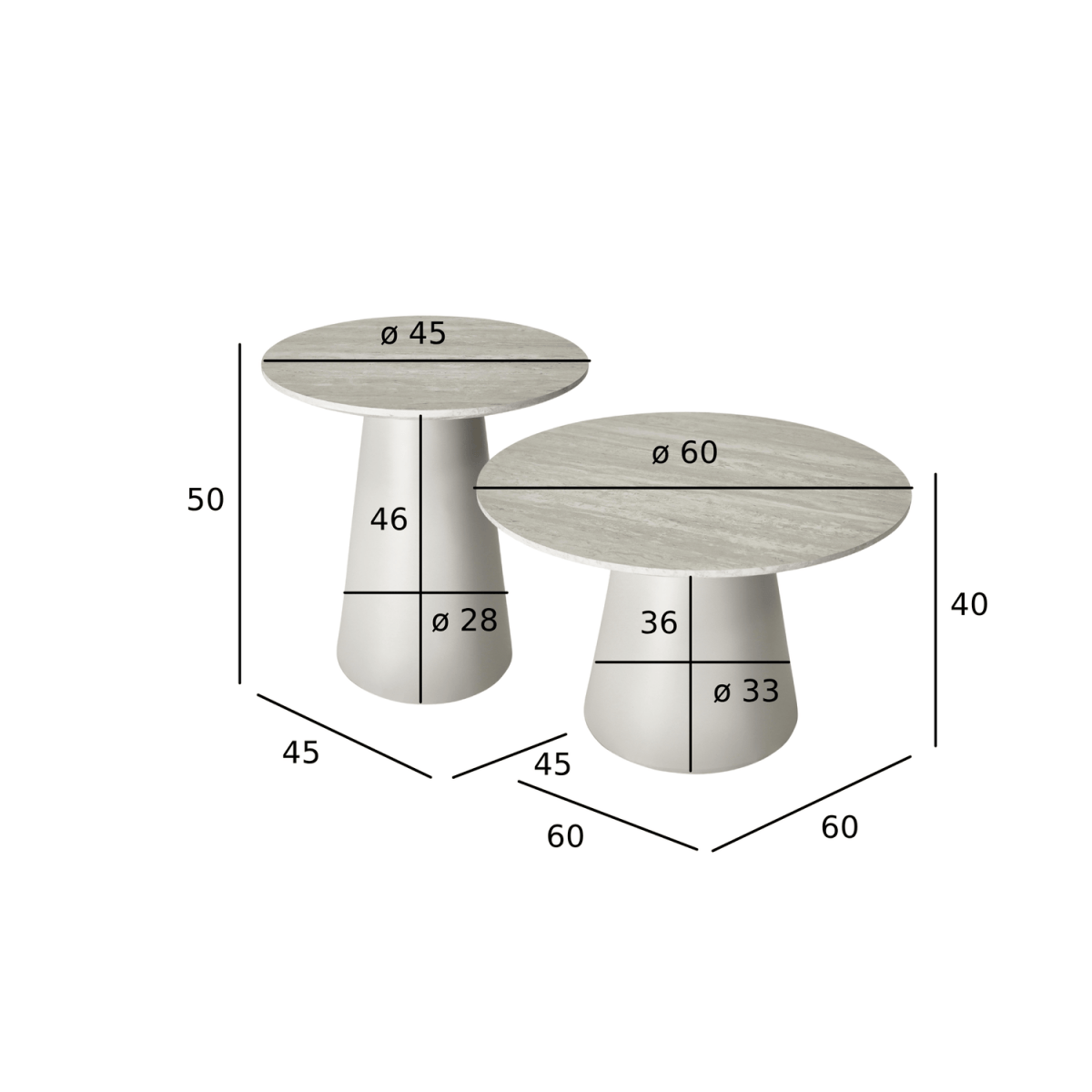 Couchtisch 2er Set ø45/60 cm - Travertine-Optik Grau