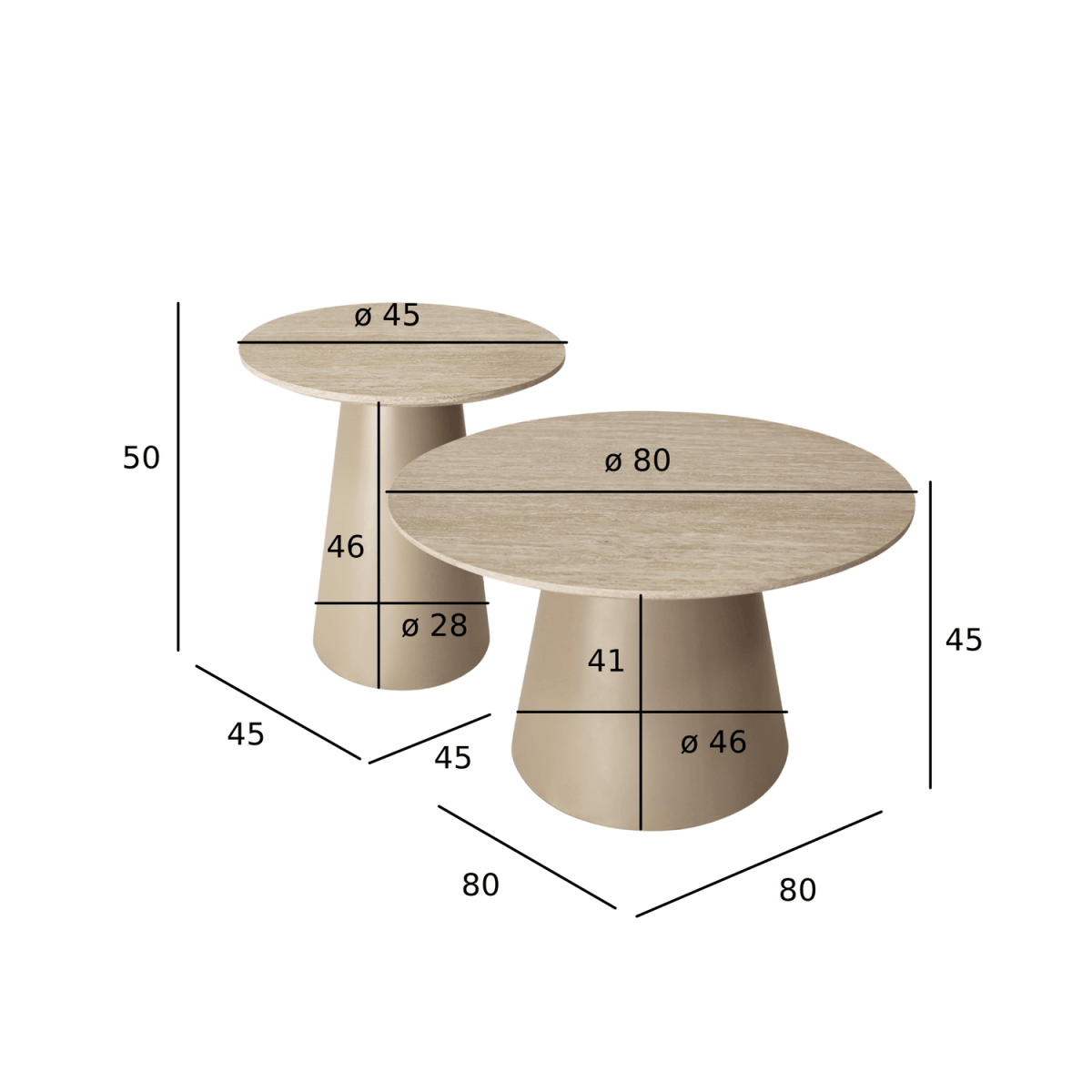 Couchtisch 2er Set ø45/80 cm - Travertine-Optik Beige