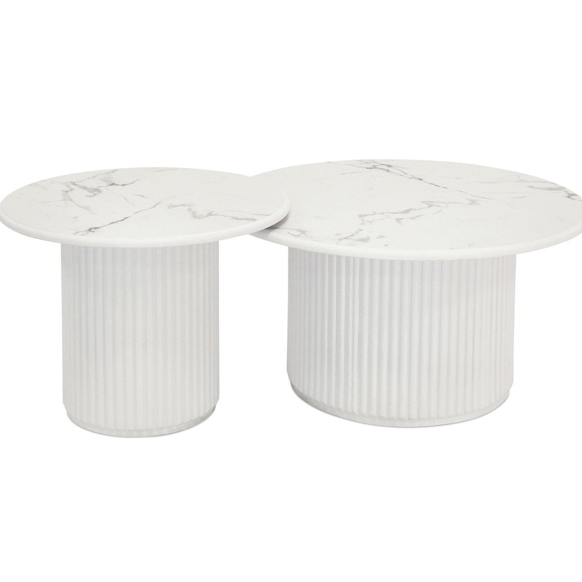 Couchtisch 2er Set ø60/80 cm - Marmoroptik & Lamellenoptik Weiß