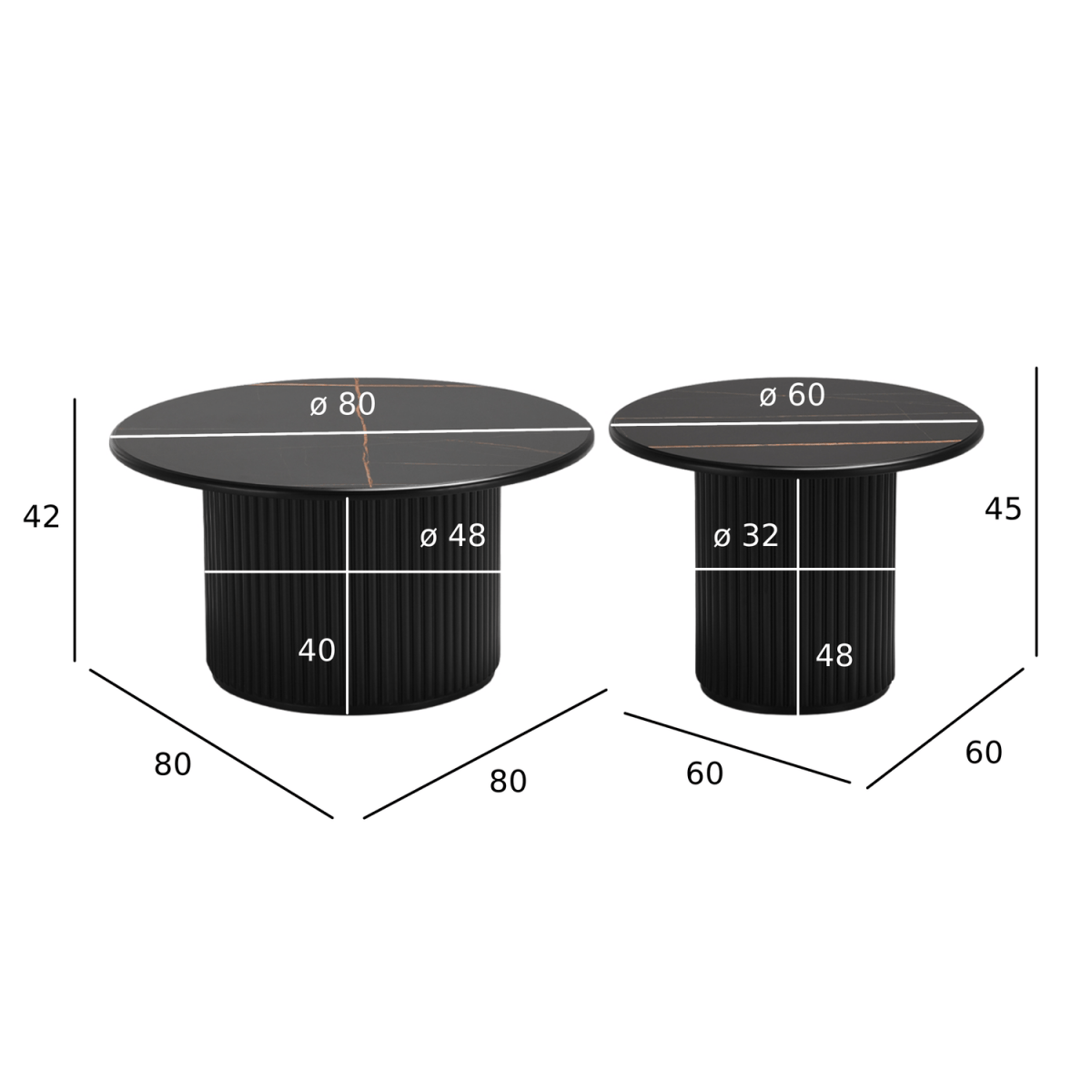 Couchtisch 2er Set ø60/80 cm - Marmoroptik & Lamellenoptik Schwarz