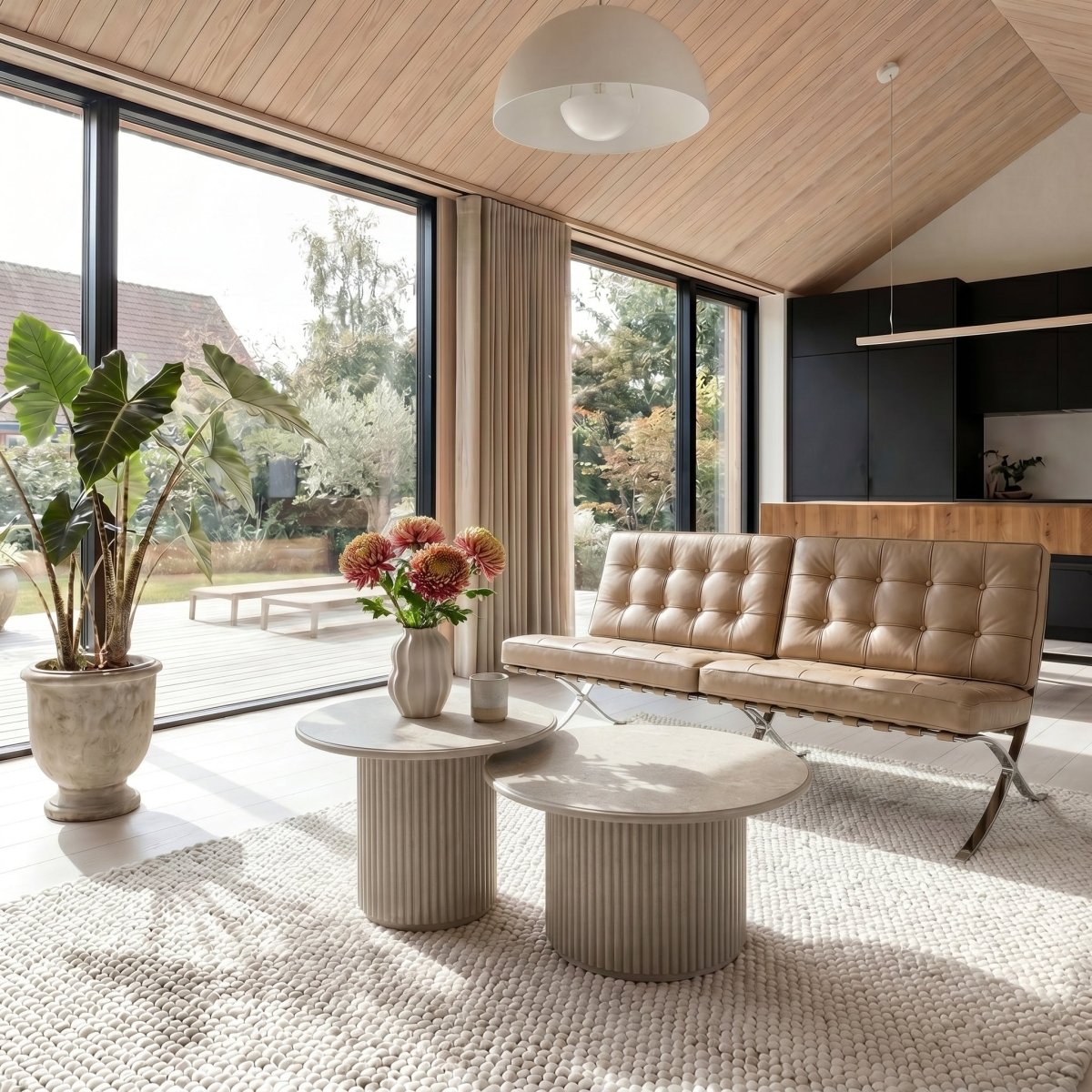 Couchtisch Rund ø80 cm - Marmoroptik & Lamellenoptik Beige