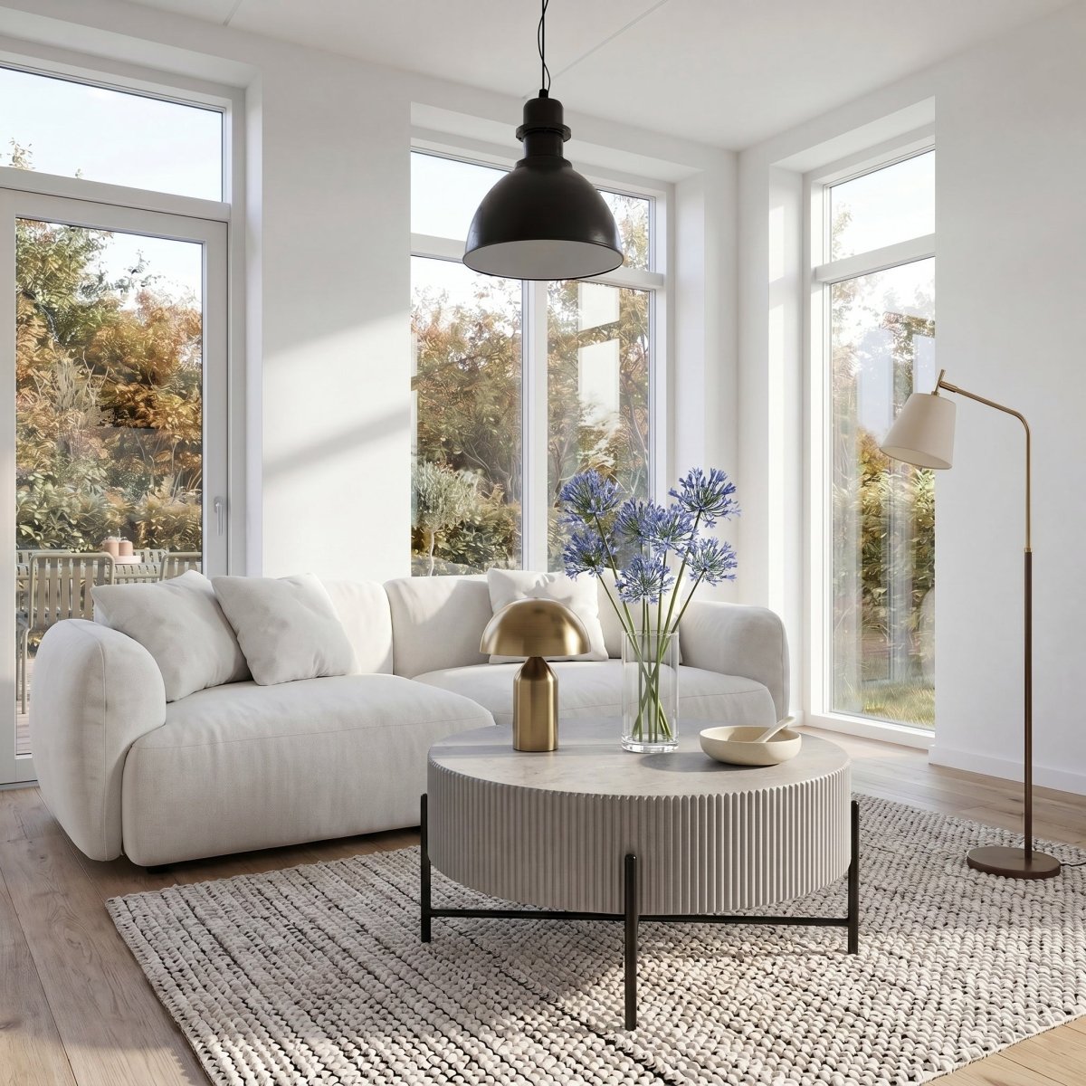 Couchtisch Rund ø80 cm - Marmoroptik & Lamellenoptik Grau