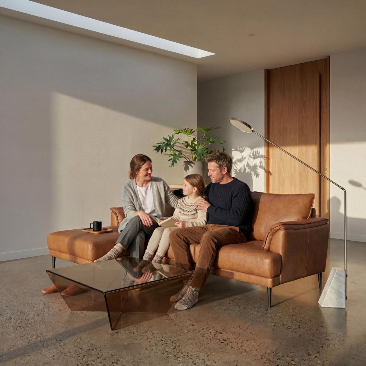 L-Form Ledersofa mit Ottomane Links - Echtleder Cognac Braun