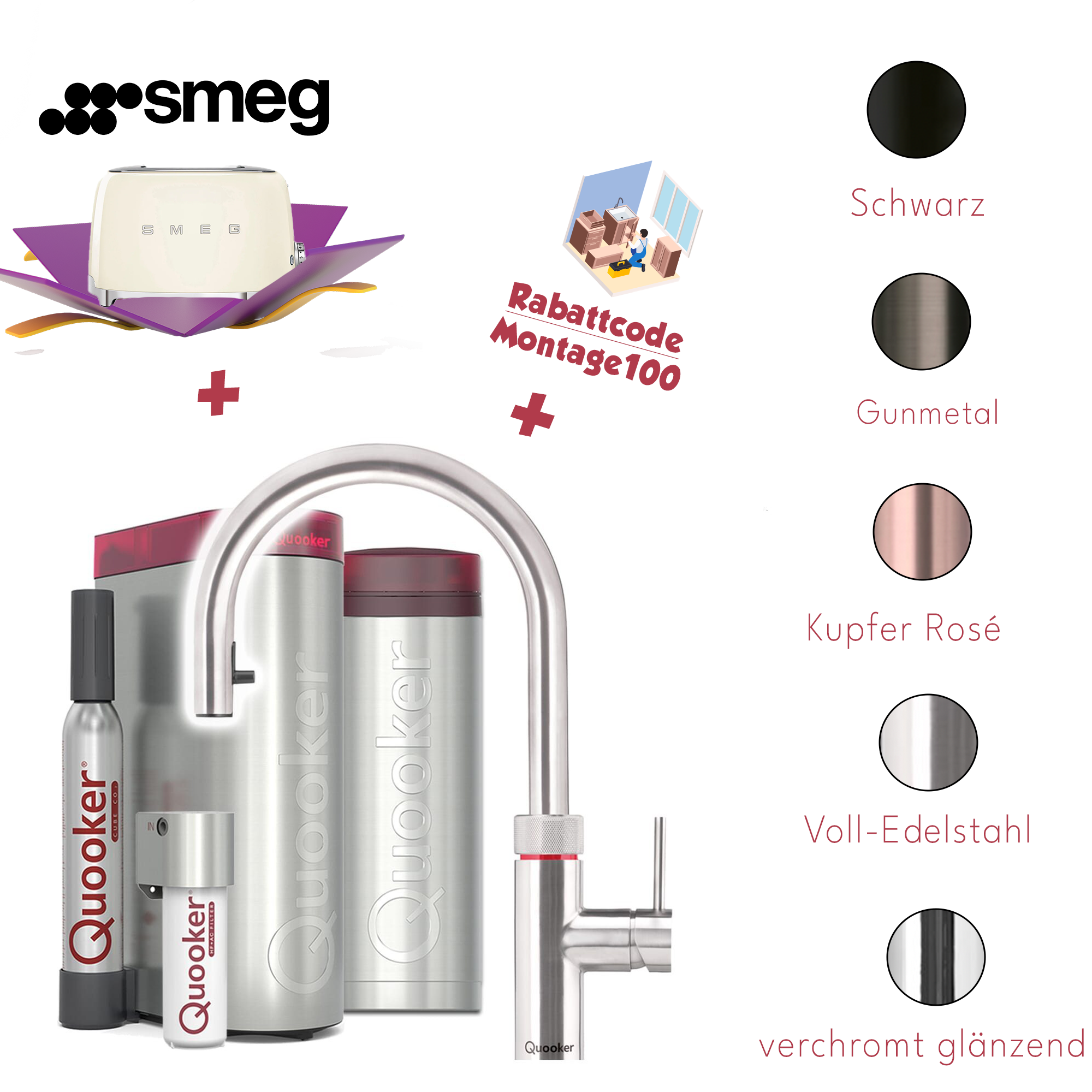 Quooker Küchenarmatur PRO3 & CUBE | Flex inkl. Cube-Filter (Smeg Toaster gratis! und 100€ Montageservice Rabattcode)