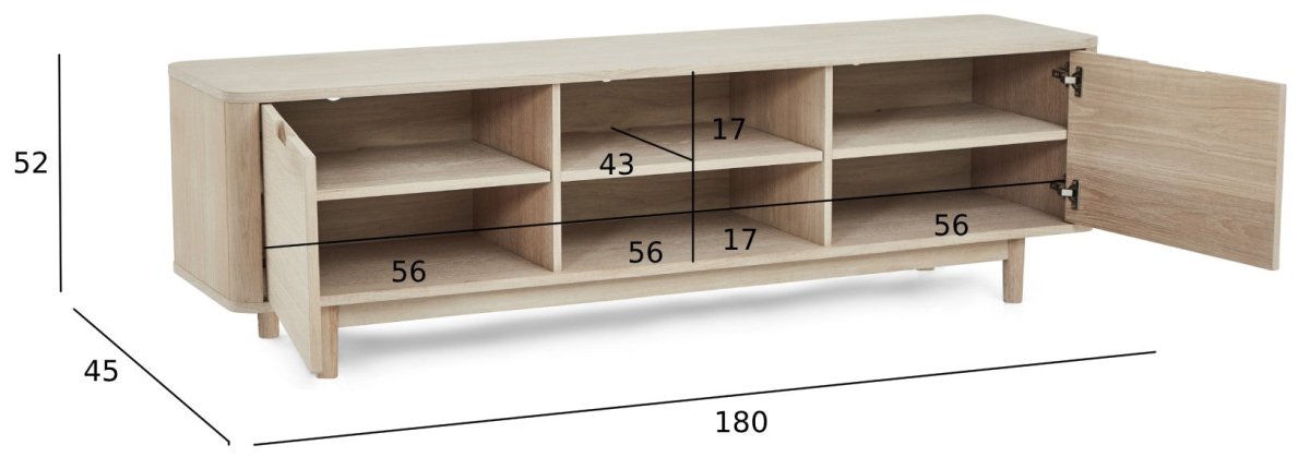 TV-Tisch mit 2 Türen - 180 cm breit - Eiche bianco
