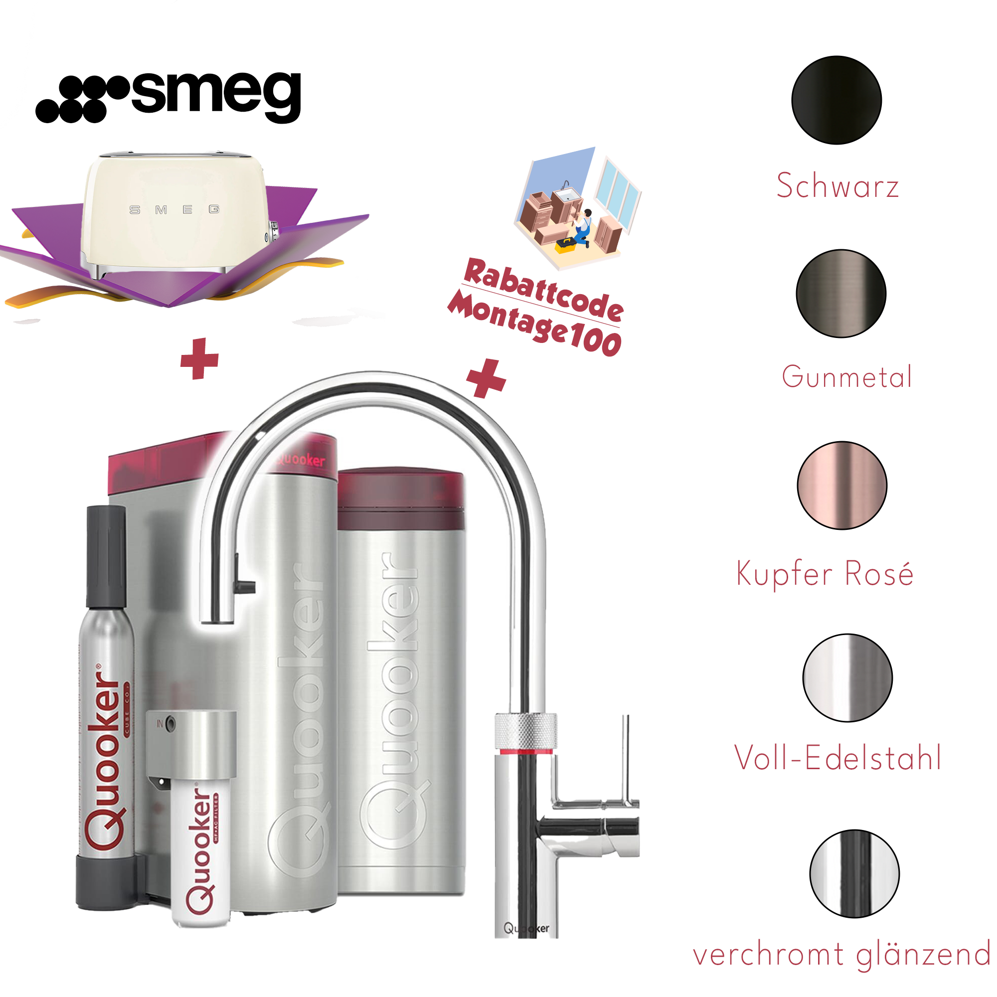 Quooker Küchenarmatur PRO3 & CUBE | Flex inkl. Cube-Filter (Smeg Toaster gratis! und 100€ Montageservice Rabattcode)