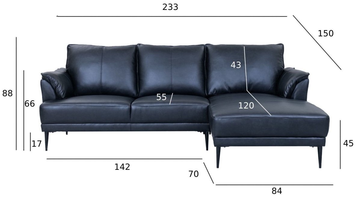 L-Form Ledersofa mit Ottomane Rechts - Echtleder Schwarz