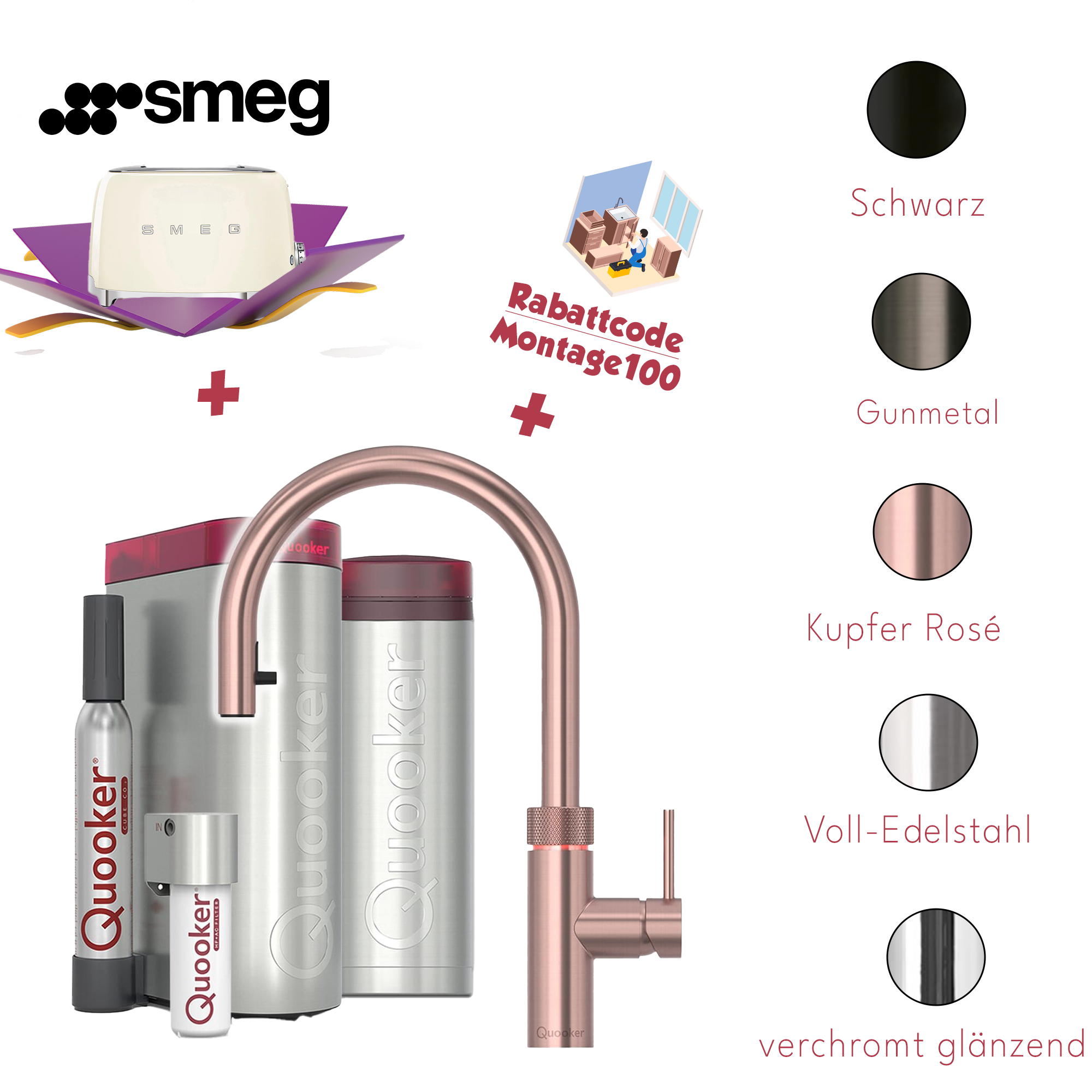 Quooker Küchenarmatur PRO3 & CUBE | Flex inkl. Cube-Filter (Smeg Toaster gratis! und 100€ Montageservice Rabattcode)