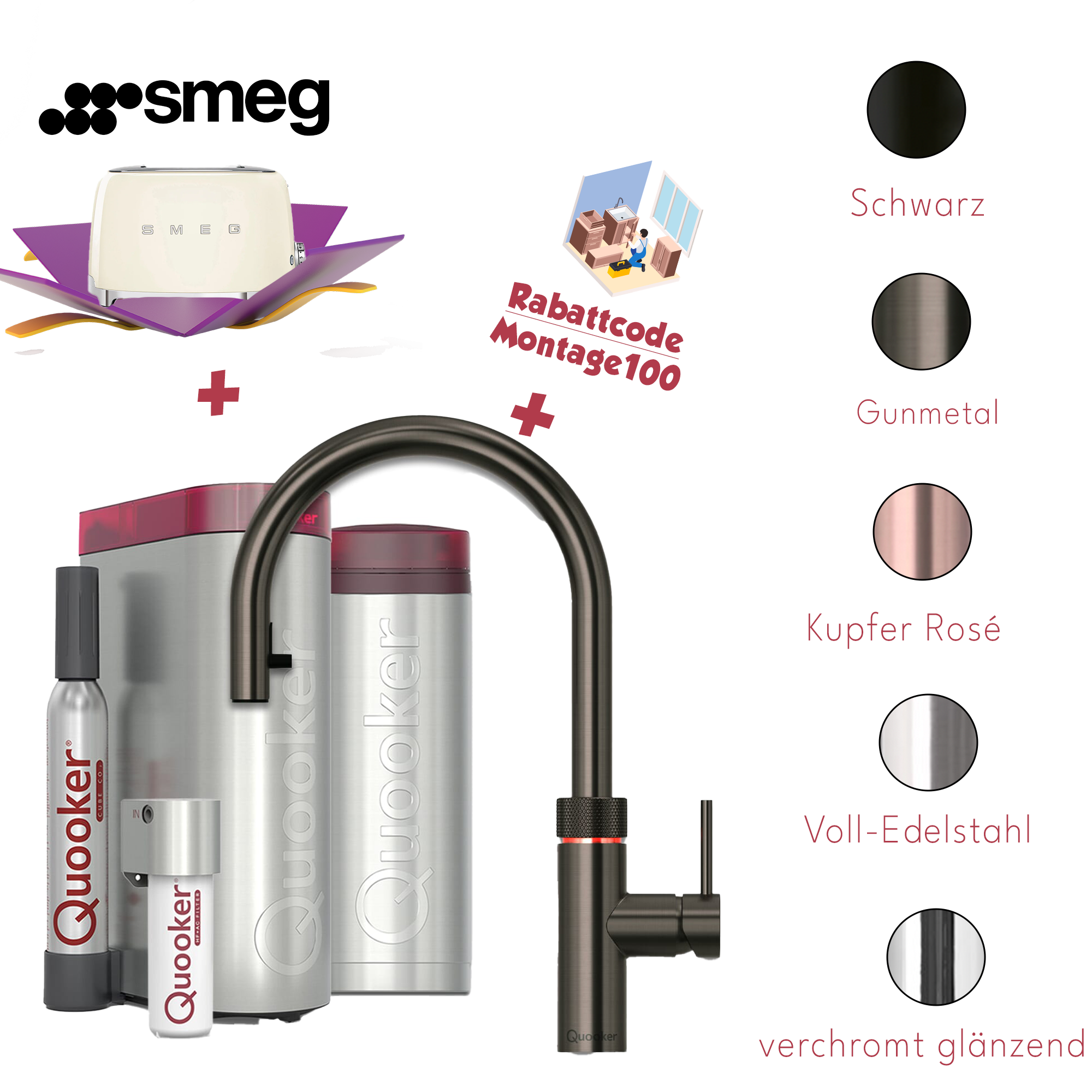 Quooker Küchenarmatur PRO3 & CUBE | Flex inkl. Cube-Filter (Smeg Toaster gratis! und 100€ Montageservice Rabattcode)